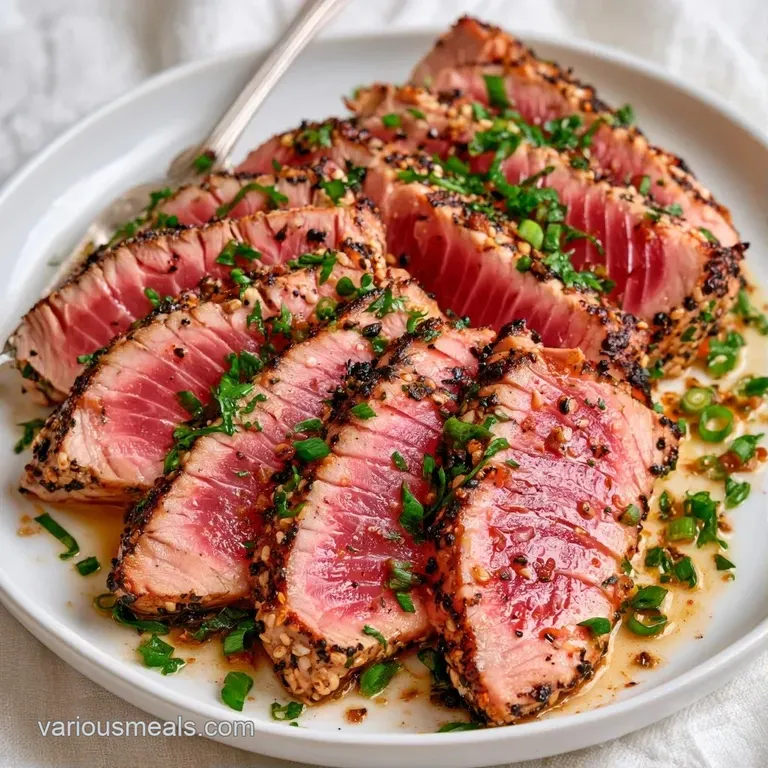 Artfully arranged seared tuna slices on a dark slate board, accented by a lime wedge and fresh microgreens.
