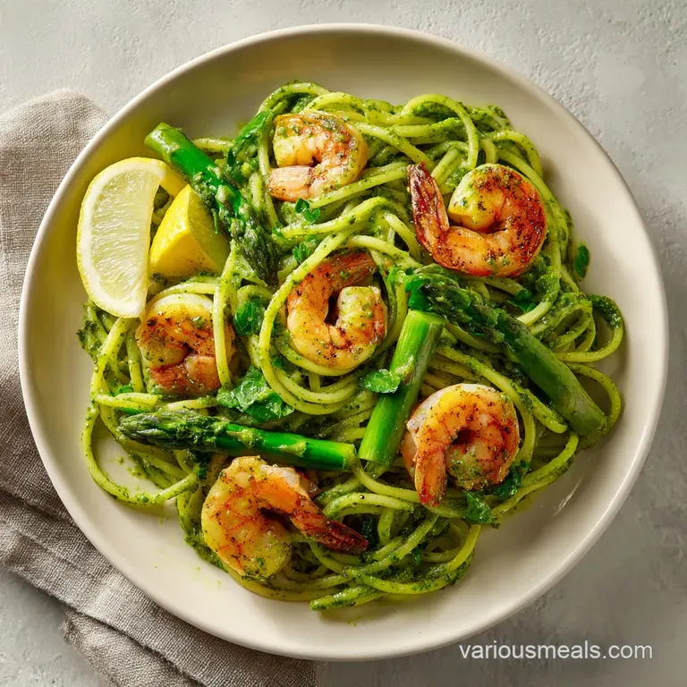 Elegant swirl of green-coated pasta with seared pink shrimp and bright asparagus on a white ceramic plate.