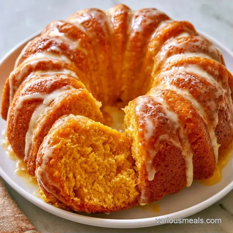 A thick slice of orange-hued cake on a white plate, paired with a dollop of whipped cream and a fresh mint leaf.