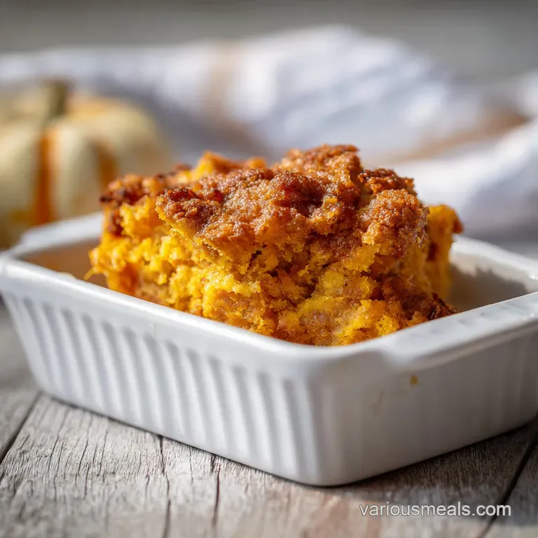 A slice of fluffy pumpkin dump cake, topped with a dollop of whipped cream and a sprinkle of cinnamon.
