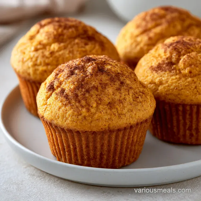 A stack of warm orange muffins on a ceramic white plate, paired with a linen napkin and a cup of steaming coffee.