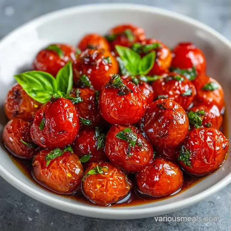 Vibrant red tomato wedges arranged in a white ceramic bowl with a drizzle of gold olive oil and fresh herb sprigs.