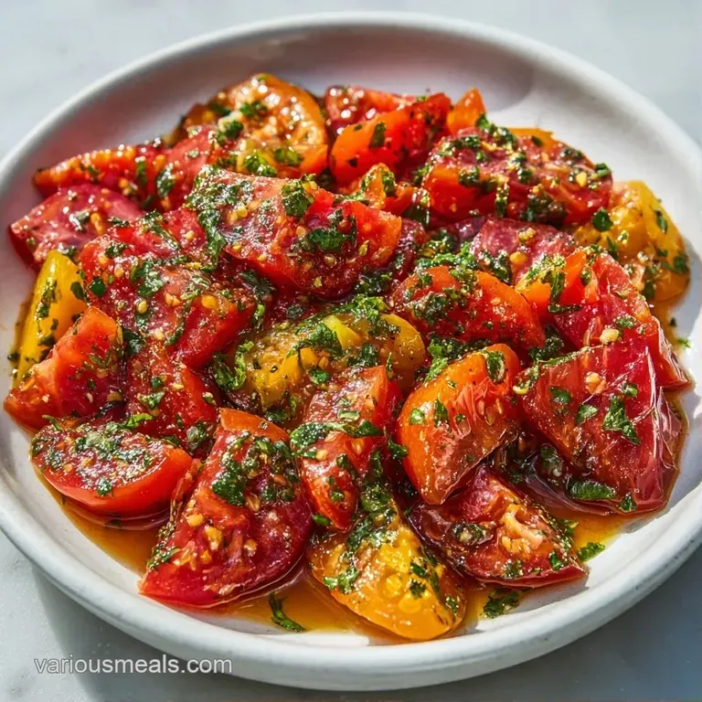 Sliced multicolored heirloom tomatoes artfully arranged on a white platter with torn basil and cracked black pepper.