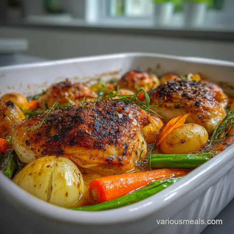 Plated roasted chicken with glistening skin and colorful medley of glazed root vegetables; herbs scattered for fresh aroma.