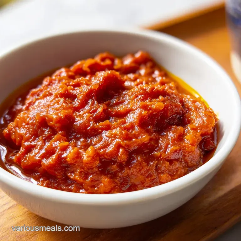 Vibrant orange roasted vegetable spread topped with olive oil and fresh parsley next to crusty bread slices.
