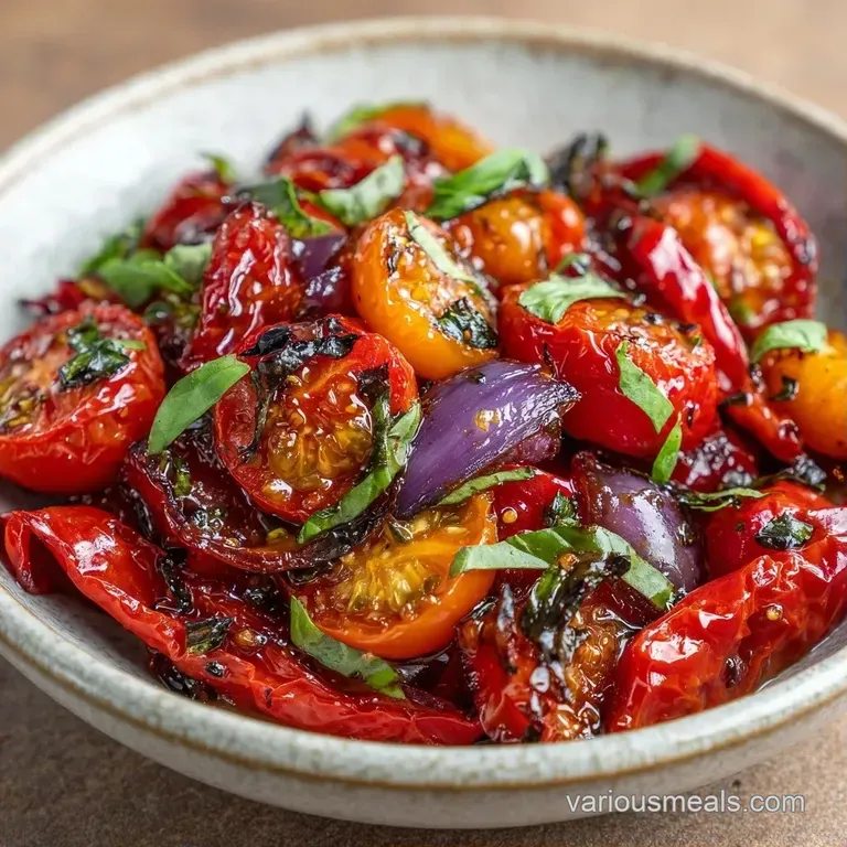 Colorful medley of charred peppers and sliced tomatoes arranged on a white ceramic plate with a drizzle of olive oil.