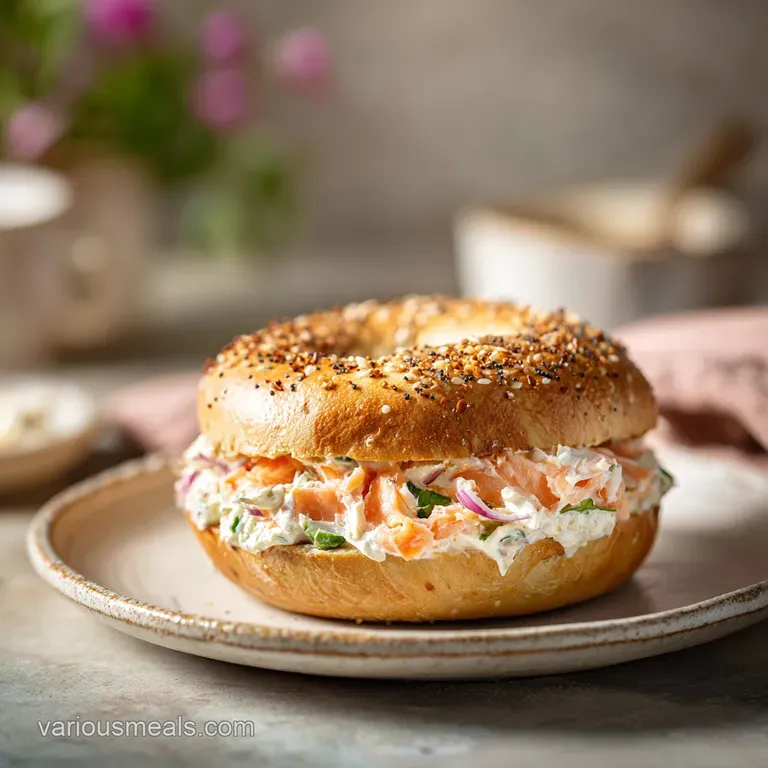 Salmon and cream cheese bagel half, garnished with dill sprigs, elegantly plated against a blurred, soft-focus background.