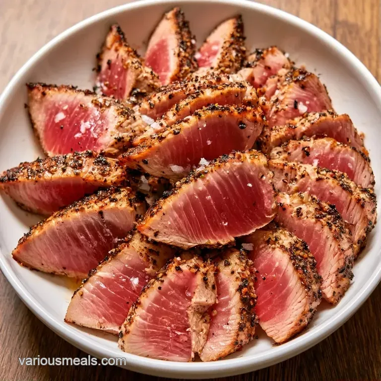 Seared tuna slices artfully arranged with a drizzle of dark glaze, fresh microgreens, and white sesame seeds.