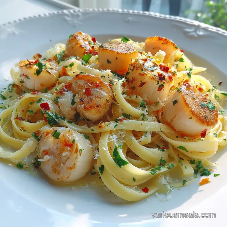 Perfectly plated pasta with seafood. The scallops boast golden-brown sear marks, sprinkled herbs brighten the creamy sauce.