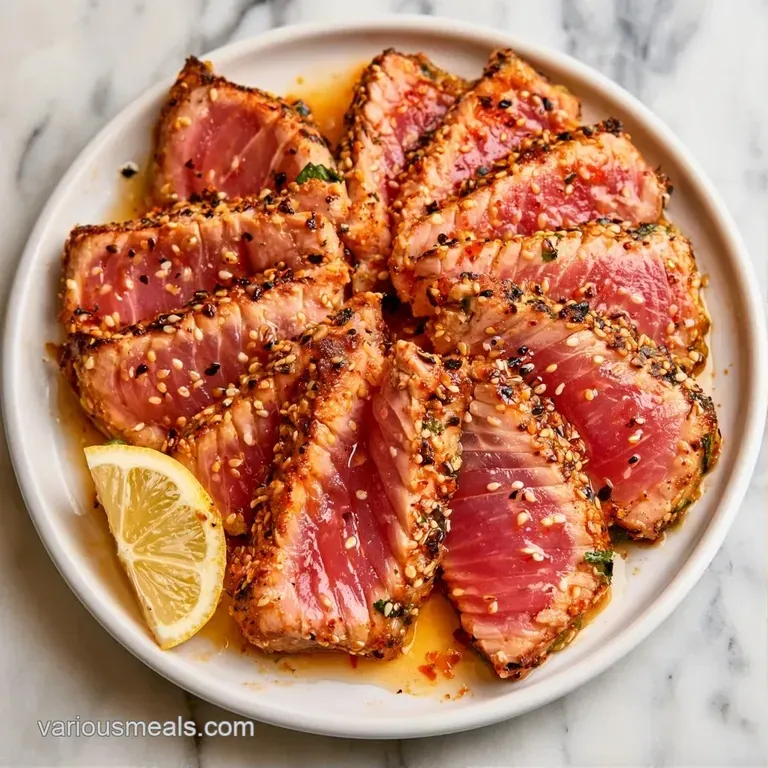 Slices of tuna arranged in a circle with a drizzle of dark soy glaze and fresh microgreens on a charcoal slate.