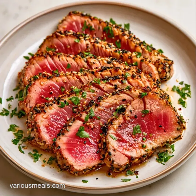 Seared tuna slices arranged on a slate platter with a dark glaze drizzle and fresh green micro-herb garnishes.