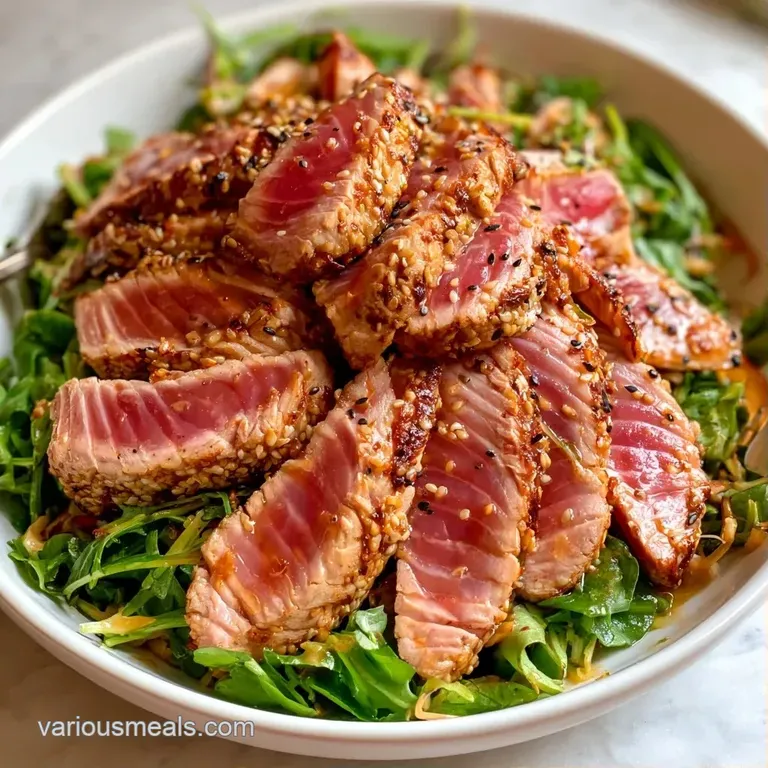 Sliced seared tuna arranged on a white plate with a colorful medley of greens and a drizzle of glossy dressing.