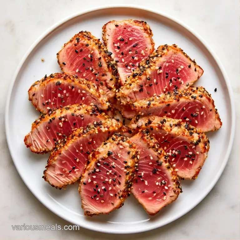 Tuna medallions arranged on a slate platter with fresh baby sprouts and a drizzle of glossy mustard-colored sauce.