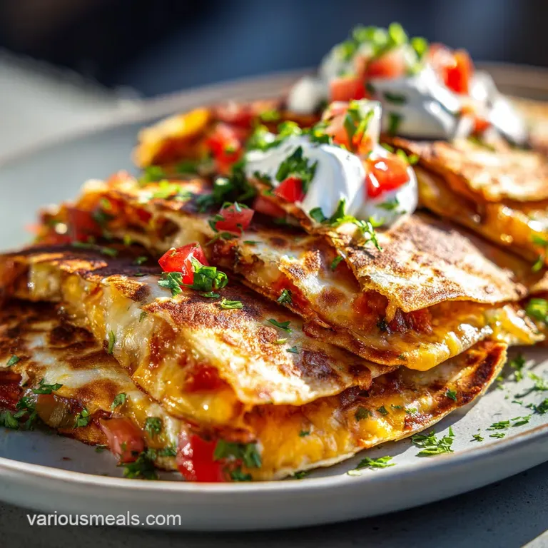 Stacked quesadilla slices with vibrant peppers and onions visible, topped with cool sour cream and fresh cilantro sprigs.