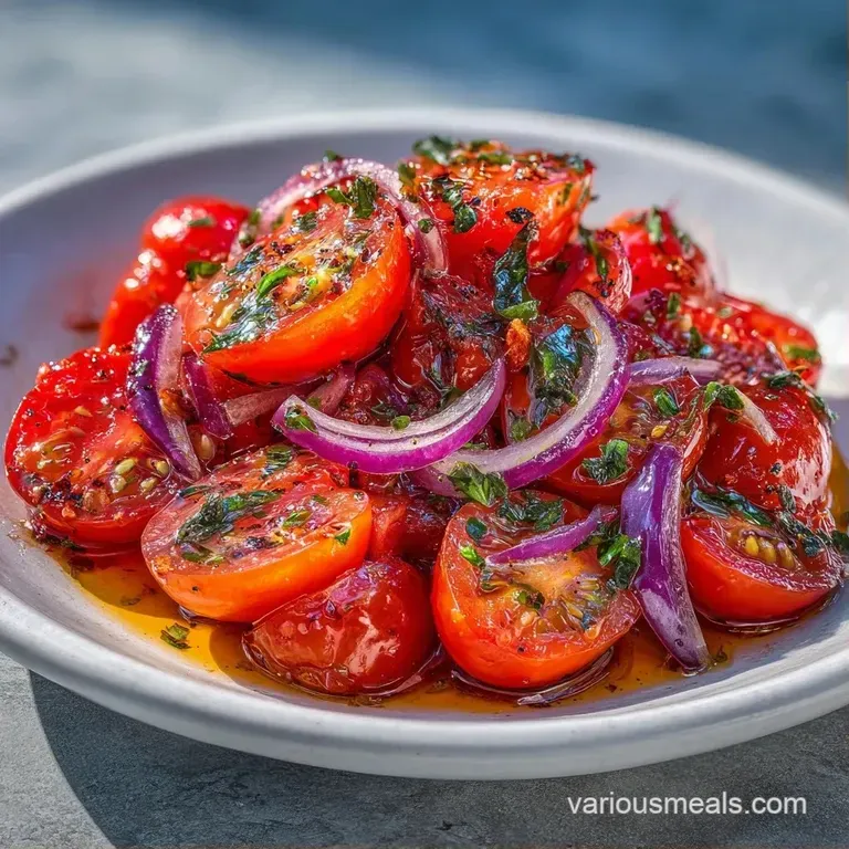 Vibrant red and yellow tomato wedges arranged in a circle, topped with emerald basil and a sprinkle of coarse salt.