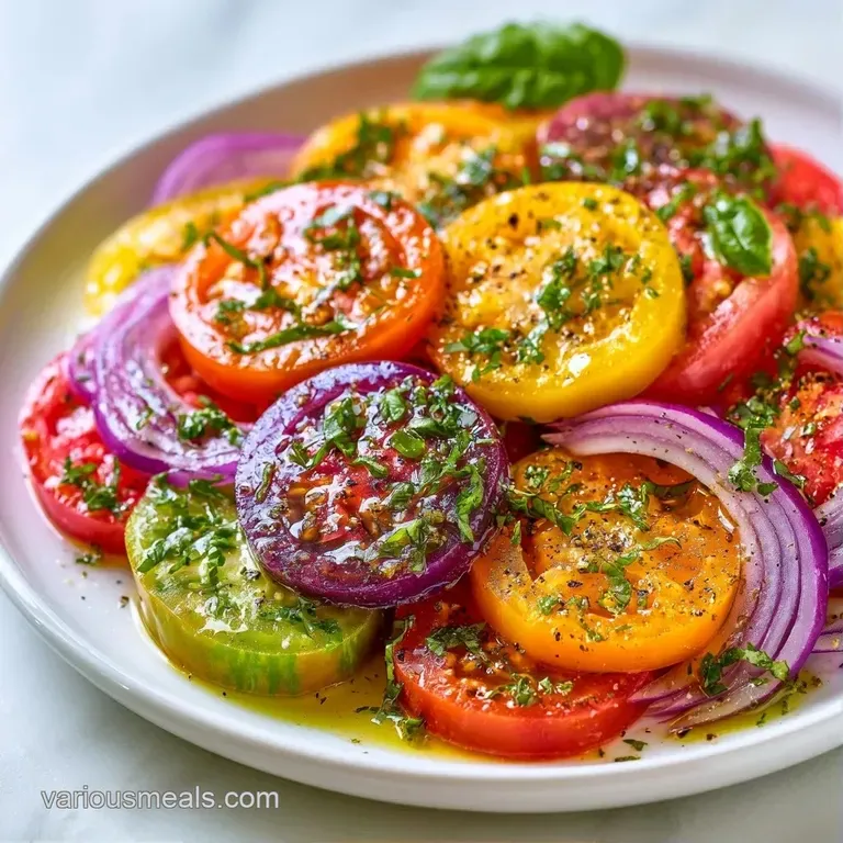 Slices of colorful heirloom tomatoes arranged on a white plate, garnished with basil leaves and a pinch of sea salt.