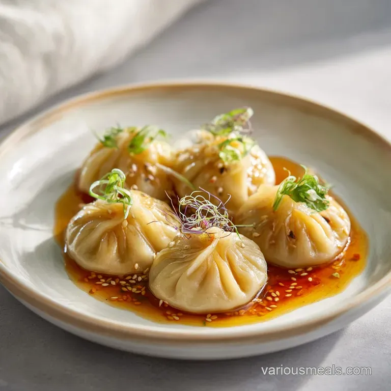 A single, glossy dumpling glistening with chili oil and sprinkled with sesame seeds, presented with a rich, dark dipping s...