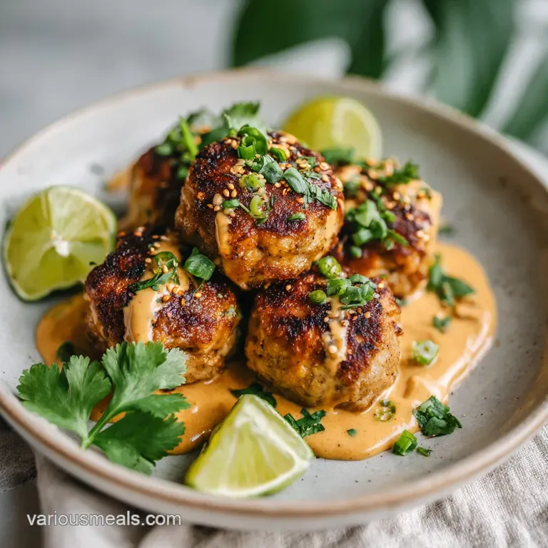 Thai chicken meatballs drizzled with rich peanut sauce, sprinkled with fresh cilantro and crushed peanuts on a white plate.
