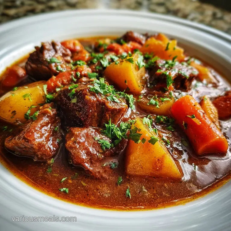 Elevated beef stew plated in a white bowl. Topped with fresh parsley sprigs and a swirl of cream for a comforting, elegant...