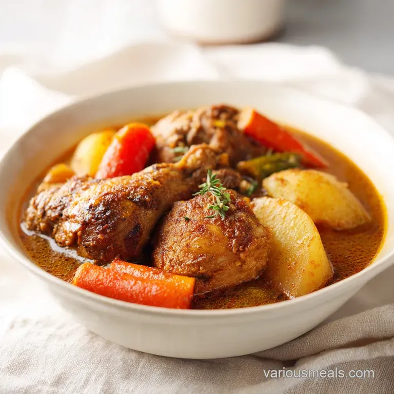 A steaming bowl of chicken stew, topped with fresh parsley, served with crusty bread.