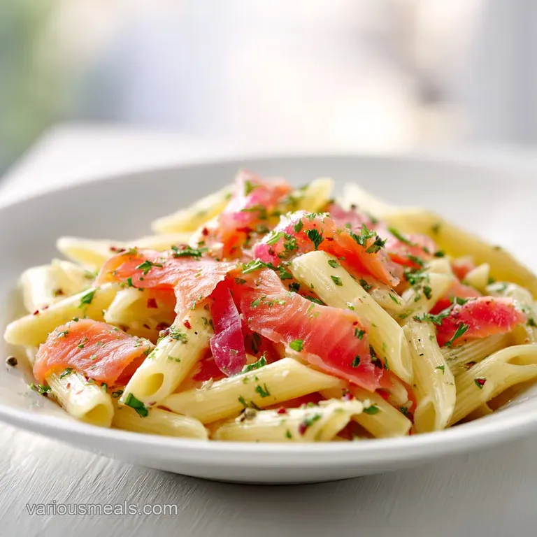 Plated creamy pasta topped with curled smoked salmon strips, fresh dill sprigs, and a wedge of yellow lemon.