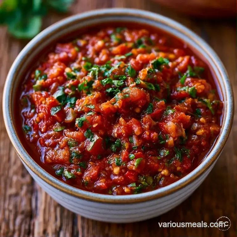 Vibrant red dip in a stone molcajete, garnished with a cilantro sprig and surrounded by golden tortilla chips.