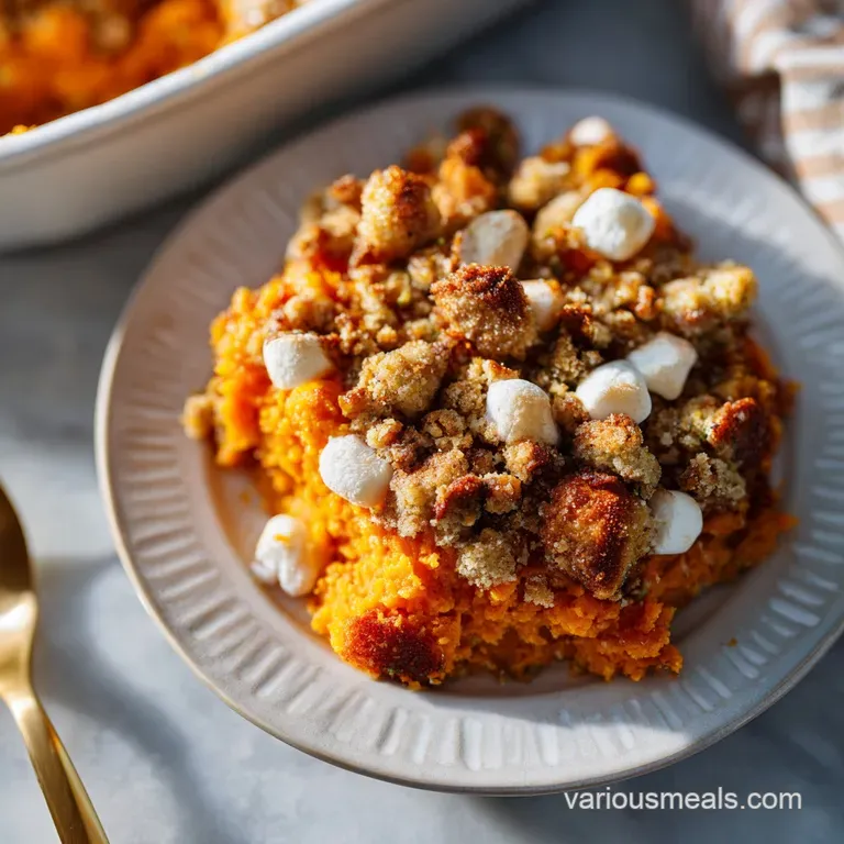 A scoop of warm sweet potato casserole, topped with pecans, on a white plate, invitingly soft.