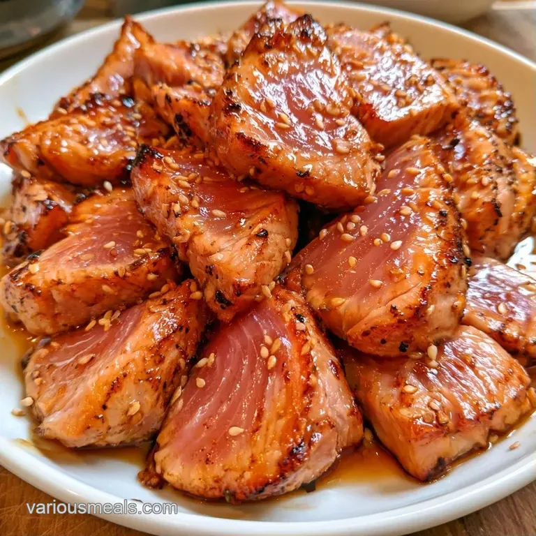 Neatly arranged tuna slices on a white platter with a glossy glaze drizzle and a sprinkle of bright green scallions.