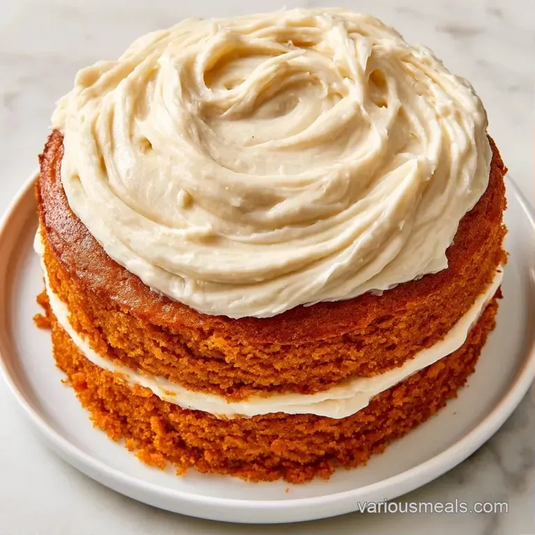 A slice of moist orange cake on a white plate, accented by a swirl of velvety cream and a rustic cinnamon stick.