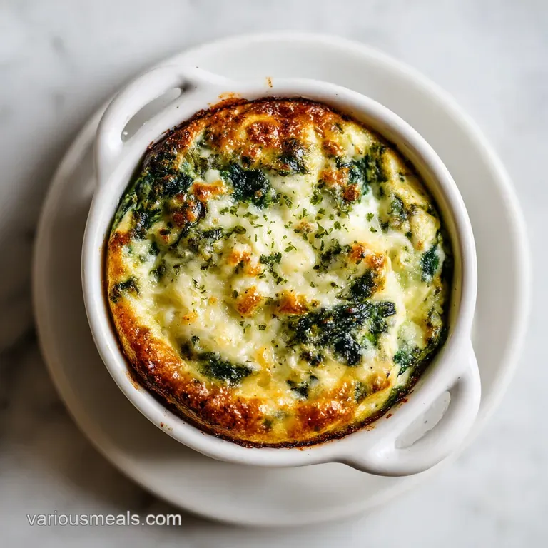 Individual slice of golden spinach ricotta bake, steam rising, sitting on a plate. Fresh basil leaf garnish adds a pop of ...