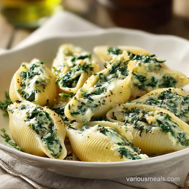 A single, artfully arranged serving of spinach stuffed shells, glistening with white sauce, sprinkled with herbs, inviting...