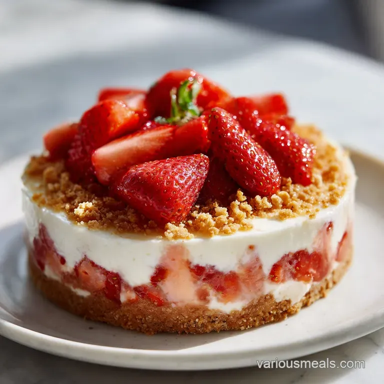 A generous slice of strawberry cheesecake cake, showcasing creamy filling and bright red fruit, dusted with golden crumbs.
