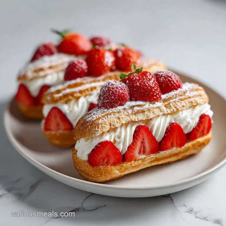 An elegant stack of strawberry-glazed eclairs, showcasing their crisp pastry and creamy interior.