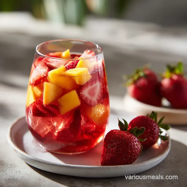 Elegant sangria presentation: pitcher and glasses filled with ruby red and golden yellow fruit; condensation shows it's ic...