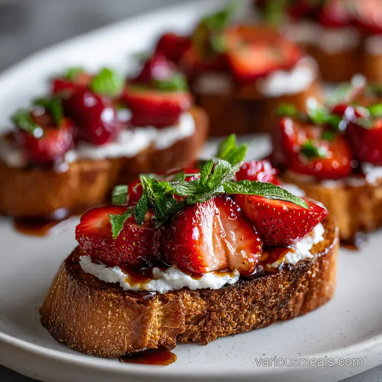 Elegant bruschetta: Whipped ricotta, sliced strawberries, fresh basil, & honey sit atop golden-brown toasted bread on a wh...