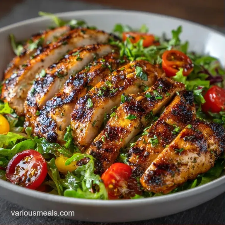 Vibrant garden greens and grilled chicken arranged in a white ceramic bowl with a light lemon vinaigrette drizzle.