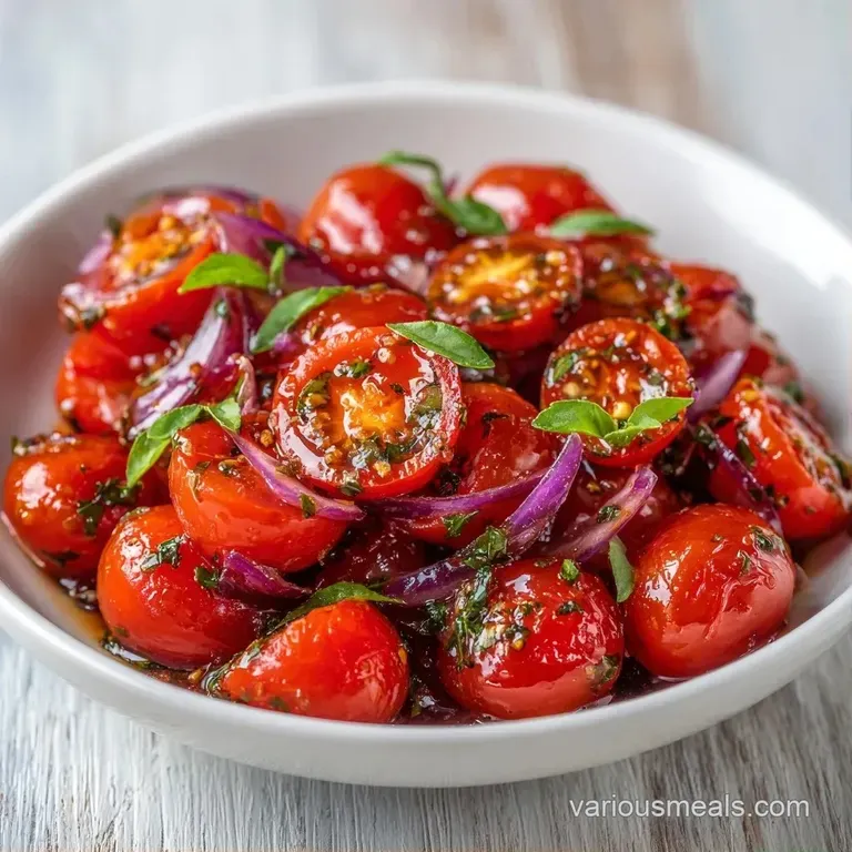 Bright red grape tomato halves arranged in a white bowl with crumbled white feta and emerald green basil leaves.