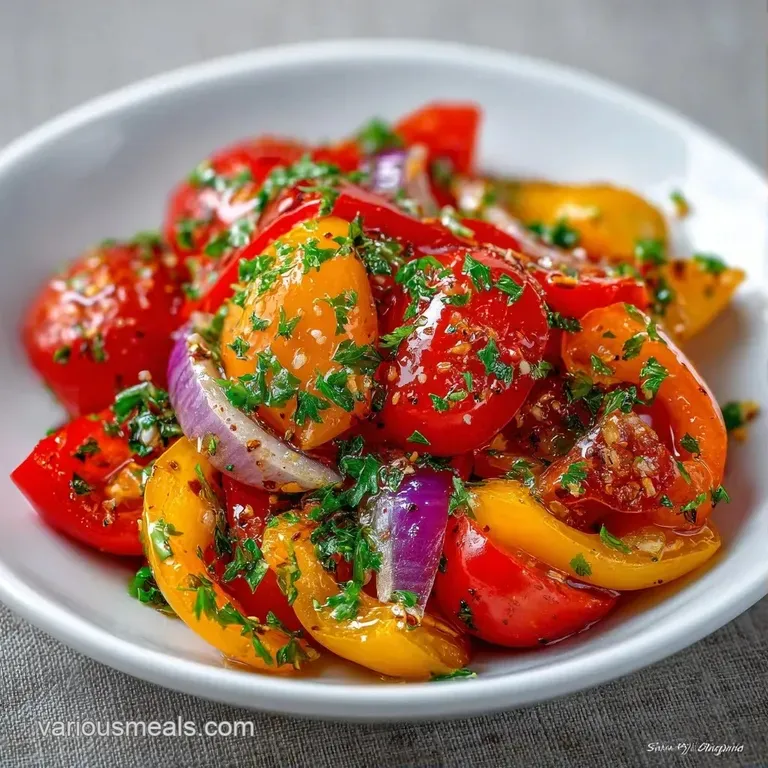Diced red and orange peppers mixed with plump tomatoes on a white plate, drizzled with oil and topped with fresh herbs.