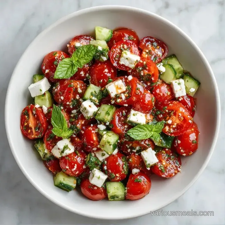 Vibrant red tomato wedges and crumbled white feta arranged neatly on a white platter with glossy oil and basil.