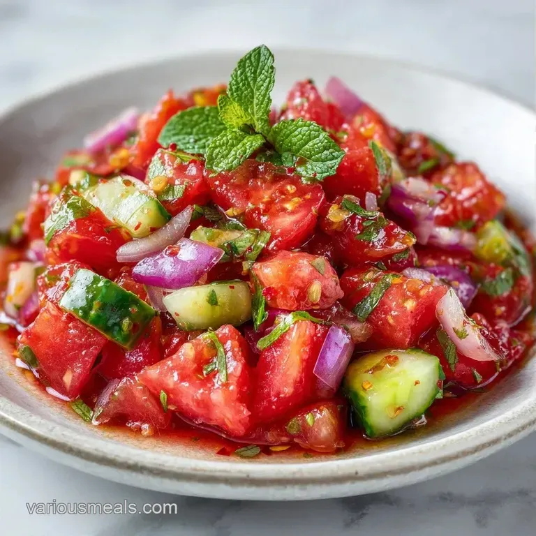 Sliced red tomatoes and thinly sliced purple onions arranged artfully with mint leaves on a white ceramic platter.