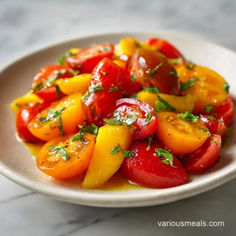 Plated tomato salad with ripe mango, olives, and fresh basil. A colorful summer dish with a light vinaigrette dressing.