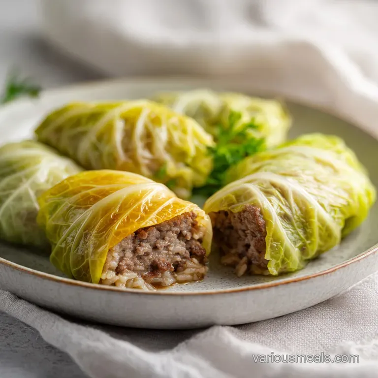 Neatly arranged cabbage rolls with a glistening, rich sauce, garnished with fresh herbs.