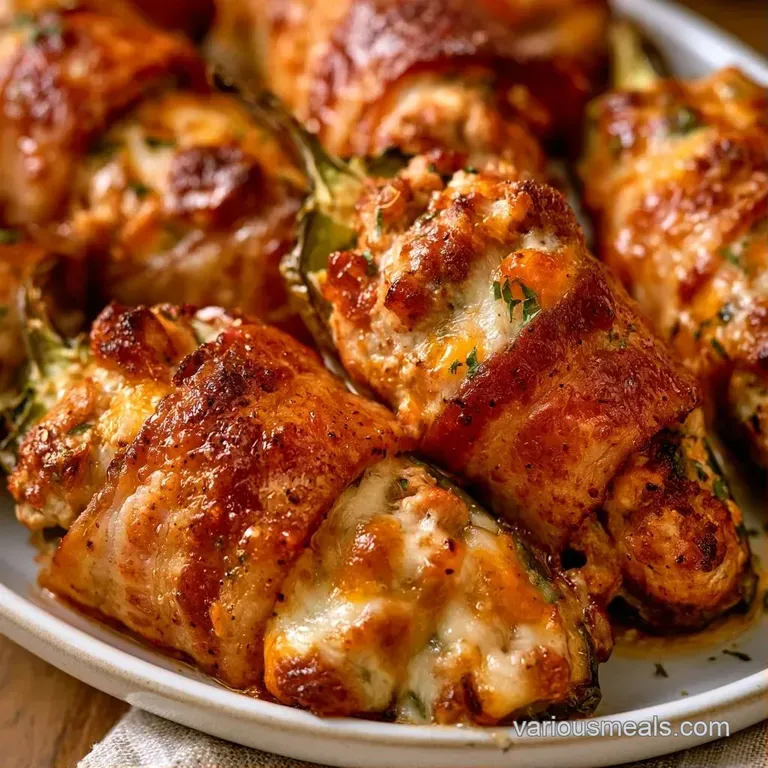 Golden-brown bacon-wrapped peppers on a white platter, secured with toothpicks and oozing with melted orange cheese.