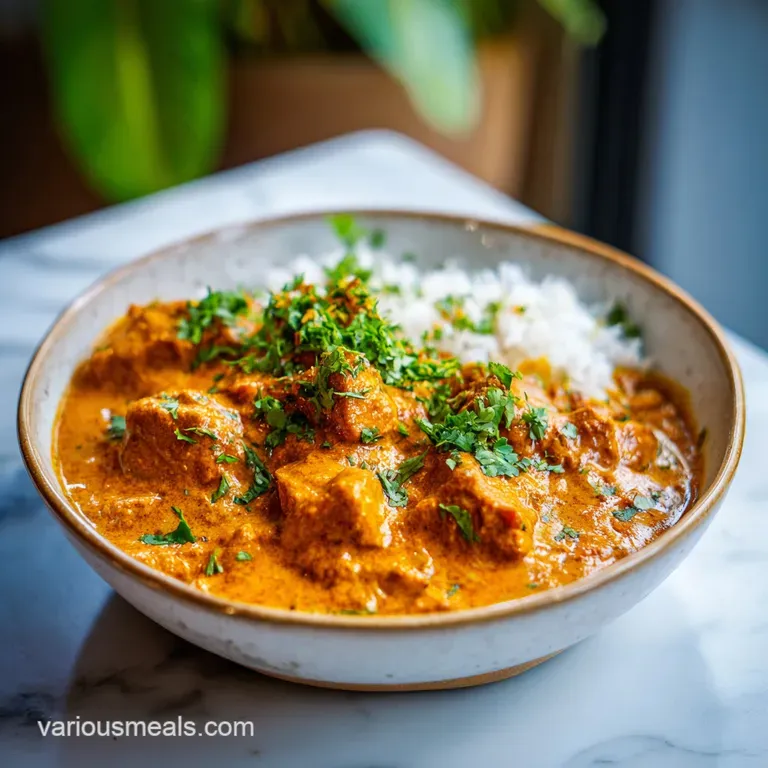 Elegant plate of butter chicken; rich, saucy chicken atop fluffy rice with naan bread, garnished with cilantro and a swirl...