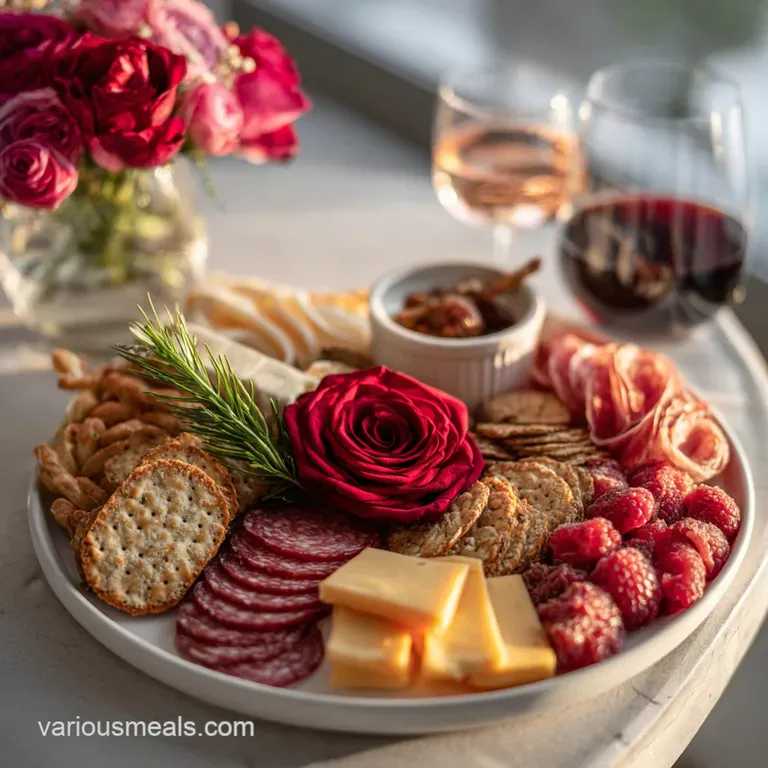 Artfully arranged charcuterie, featuring salami roses, creamy cheeses, bright berries, and crisp crackers on a rustic board.