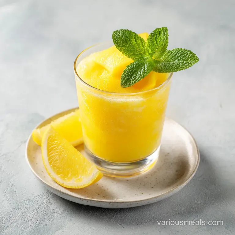 A tall glass of bright yellow mango lemonade, condensation dripping, with a slice of lemon on the rim.