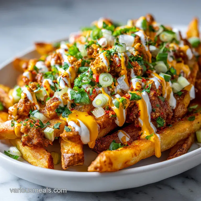 Perfectly plated fries drizzled with zesty sauce, dusted with colorful Cajun seasoning, inviting a delicious and spicy exp...