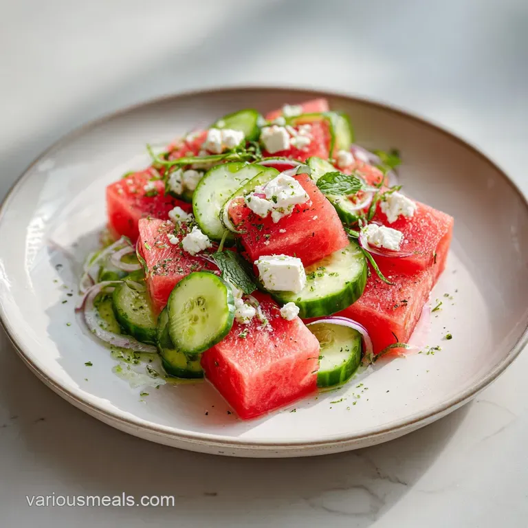 Vibrant watermelon salad on a white plate, feta crumbles scattered among the juicy watermelon and refreshing cucumber.