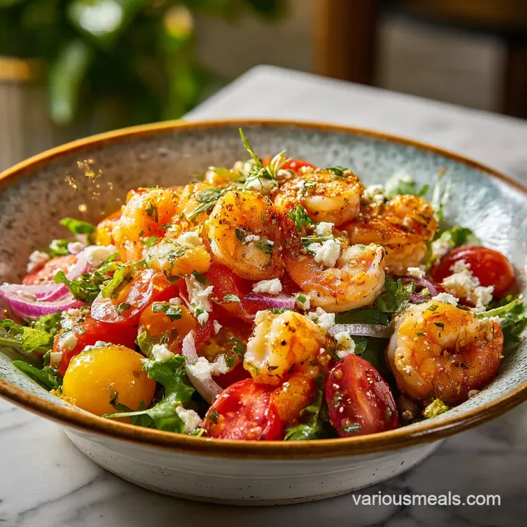 A mound of delicate shrimp salad, studded with jewel-like citrus pieces, artfully arranged on a white plate.