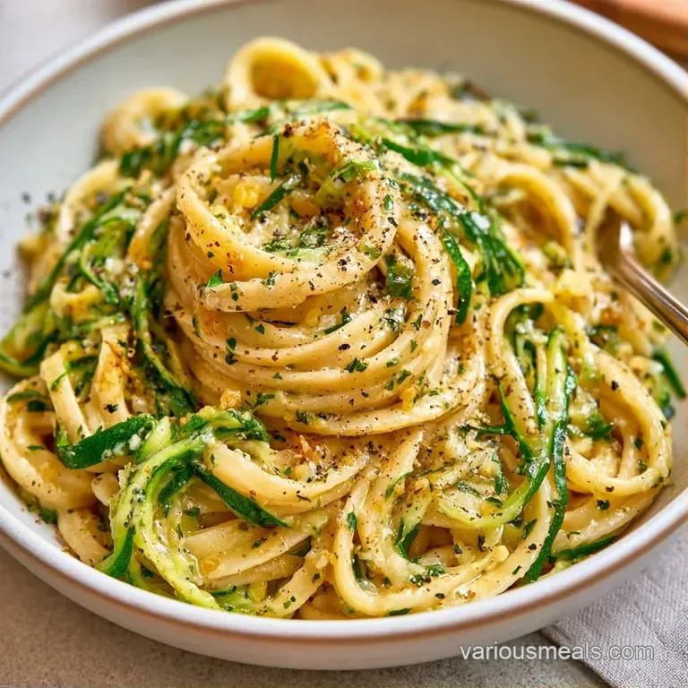 Vibrant green vegetable spirals elegantly swirled on a matte white plate with a sprinkle of toasted pine nuts.